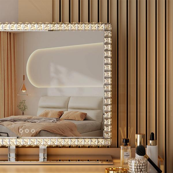 Stainless Steel Crystal Glass LED Vanity Mirror with RGB Light Adjustable for Personal Beauty and Home Cosmetic