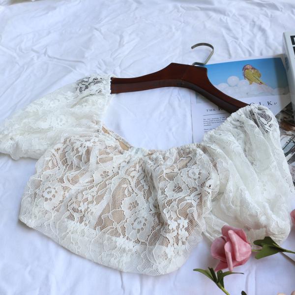 Square Neck Puff Sleeve Backless White Lace Crop Top Short Sleeve
