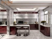 Armários de cozinha de aço inoxidável elegantes, duráveis e minimalistas, com elegantes acentos de sequoias e quartzo