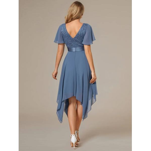 Asymmetrical Hem V-neck Empire Waist A-line Short Sleeves Knee-length Dusty Navy Lace Chiffon Bridesmaid Dress