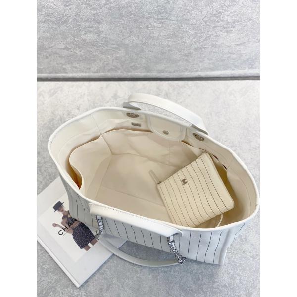 30cm 23P Chanel Deauville Tote Bag White Ecru Black Stripe