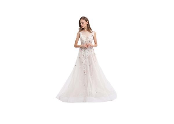 Classical White Party Dresses For Women , Lace Appliqued Long Evening Dresses