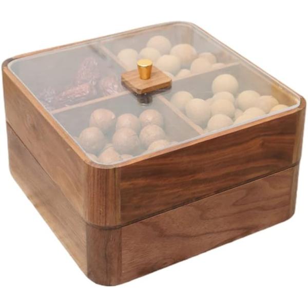 Wooden Double Layer Fruit Plate with Transparent Cover Wooden Dried Fruit Box in Brown