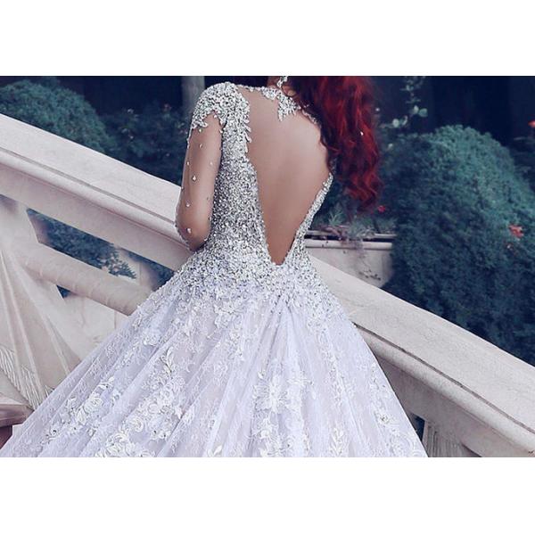 Backless Lace Long Tail Bridal Gown / Diamond Beads Silver Sequin Wedding Dress