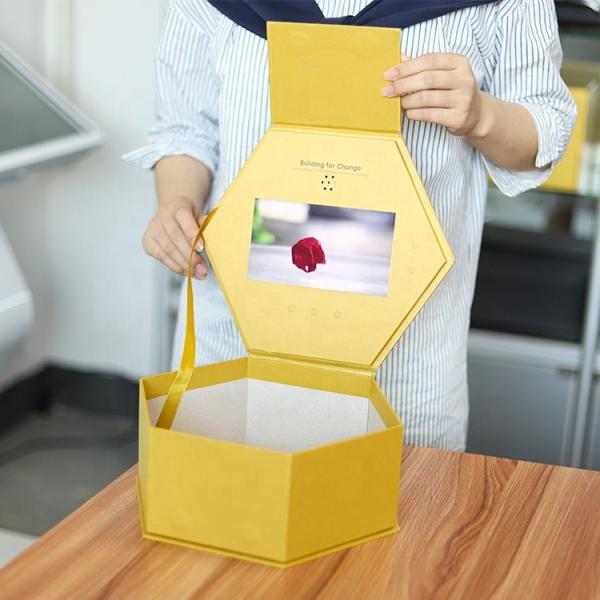 Professional Customization Golden Hexagon Video Packaging Box 7 Inch LCD Display Gift Box For Ring Flower Promotional