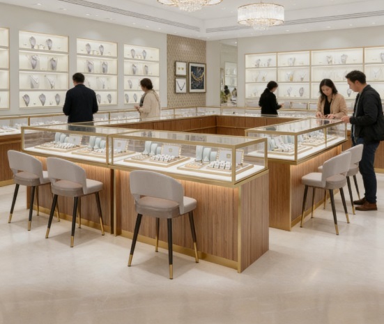 Luxury Front Showcase with Natural Marble Vein Design LED Lighting and Customized Solutions for Jewelry Display