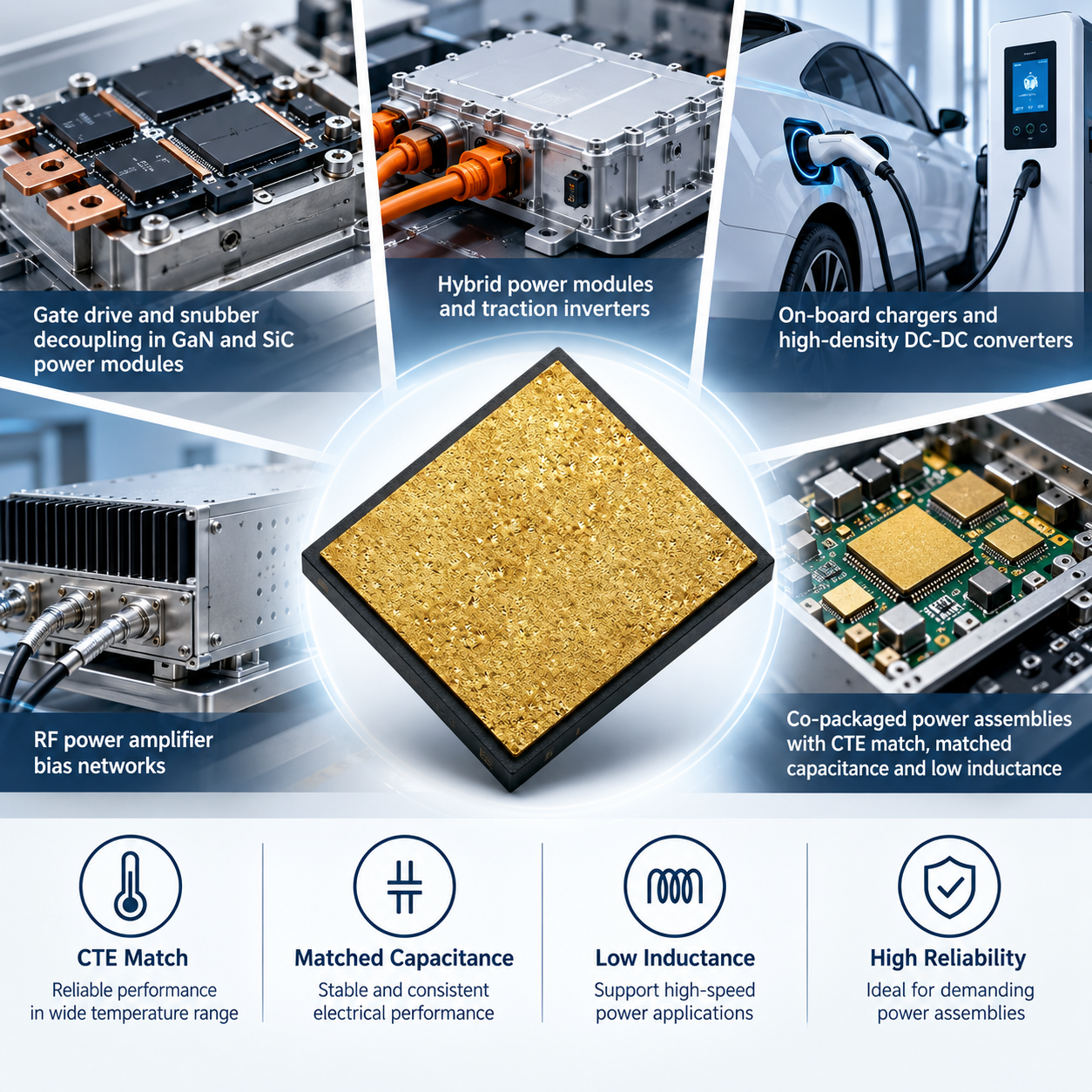 Sub-1% Capacitance Matched MOS Capacitor 220pF 100V CTE Optimized Single Layer Chip For GaN SiC Power Modules