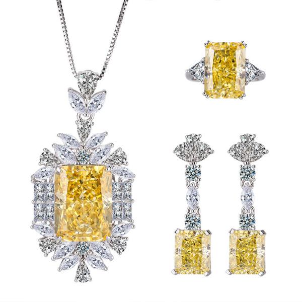 925 Sterling Silver Jewelry Set Radiant Cut Created Yellow Diamond Pendant Ring Earrings