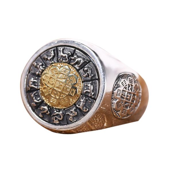 Men Sterling Silver Brass 2 Tone Engraved Chinese Zodiac Retro 925 Silver Ring (059886G)