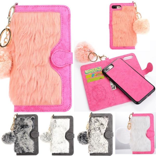 Flip Wallet Fur Leather Phone Case for iPhone 7Plus, For iPhone 8 Plus Fur Wallet Case