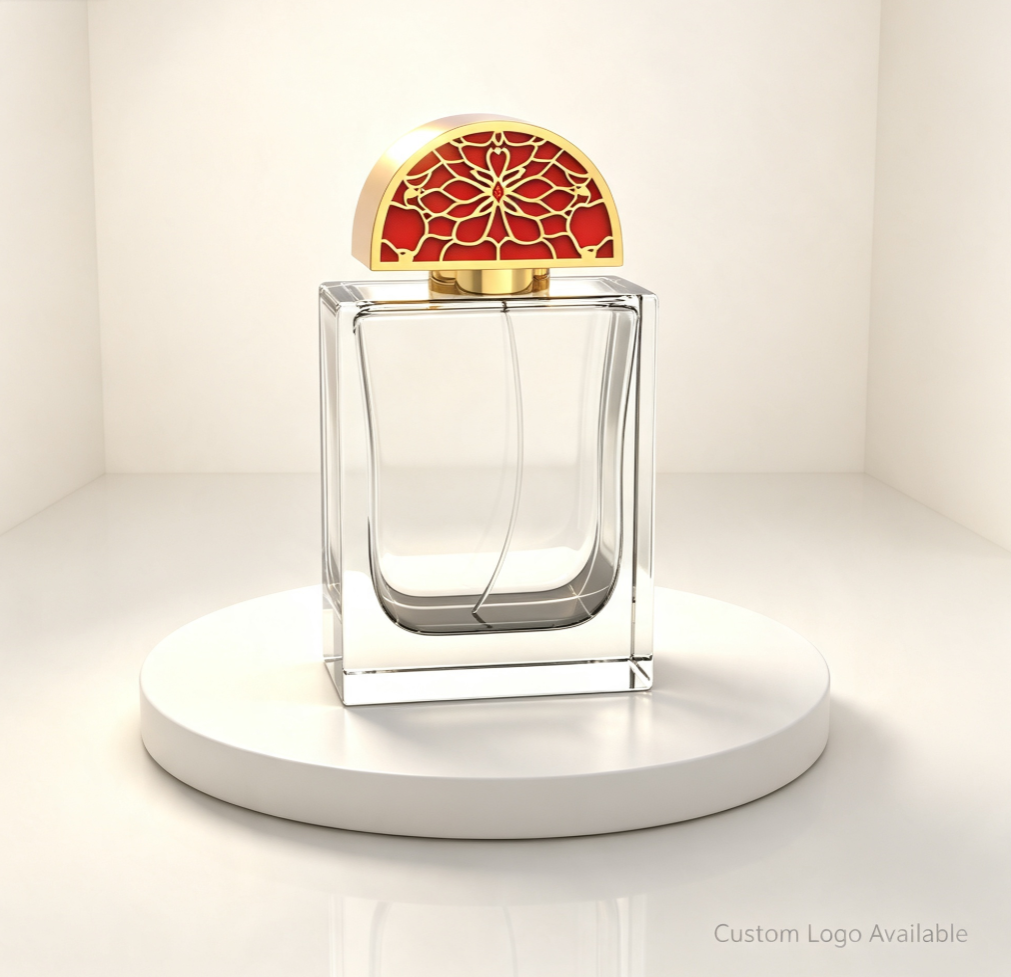 Semicircle Hollow Floral Zamac Perfume Cap with Red Enamel Gold Plated Finish and Custom Logo Engraving