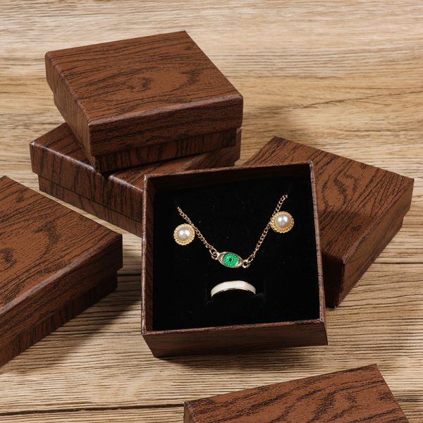 Vintage Style Brown Wood  Grain Jewelry Box Gift Box For Bracelets & Necklaces Gold Foil Stamping Logo Available