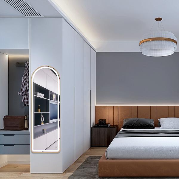 Rétroviseur en aluminium à arc LED pour mur de longueur complète dans la chambre à coucher ou l'espace vestimentaire