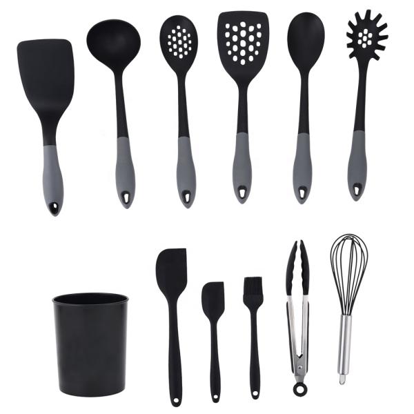 Silk Printing or Debossed Logo 12PCS Silicone Kitchen Utensils Set with Plastic Holder
