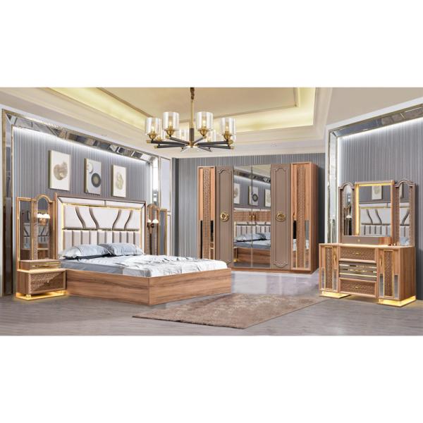 Turkish Luxury Style Wooden Frame King Size Bed Set Led Headboard Modern Classic Full Home Wood Bedroom Sets Furniture