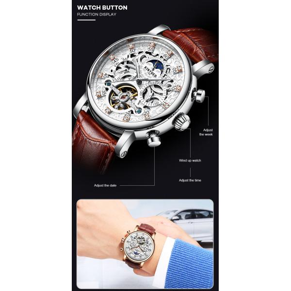 KINYUED Watch Leather Strap Tourbillon Skeleton Watches Men Luxury In Stock Automatic Mechanical Watch