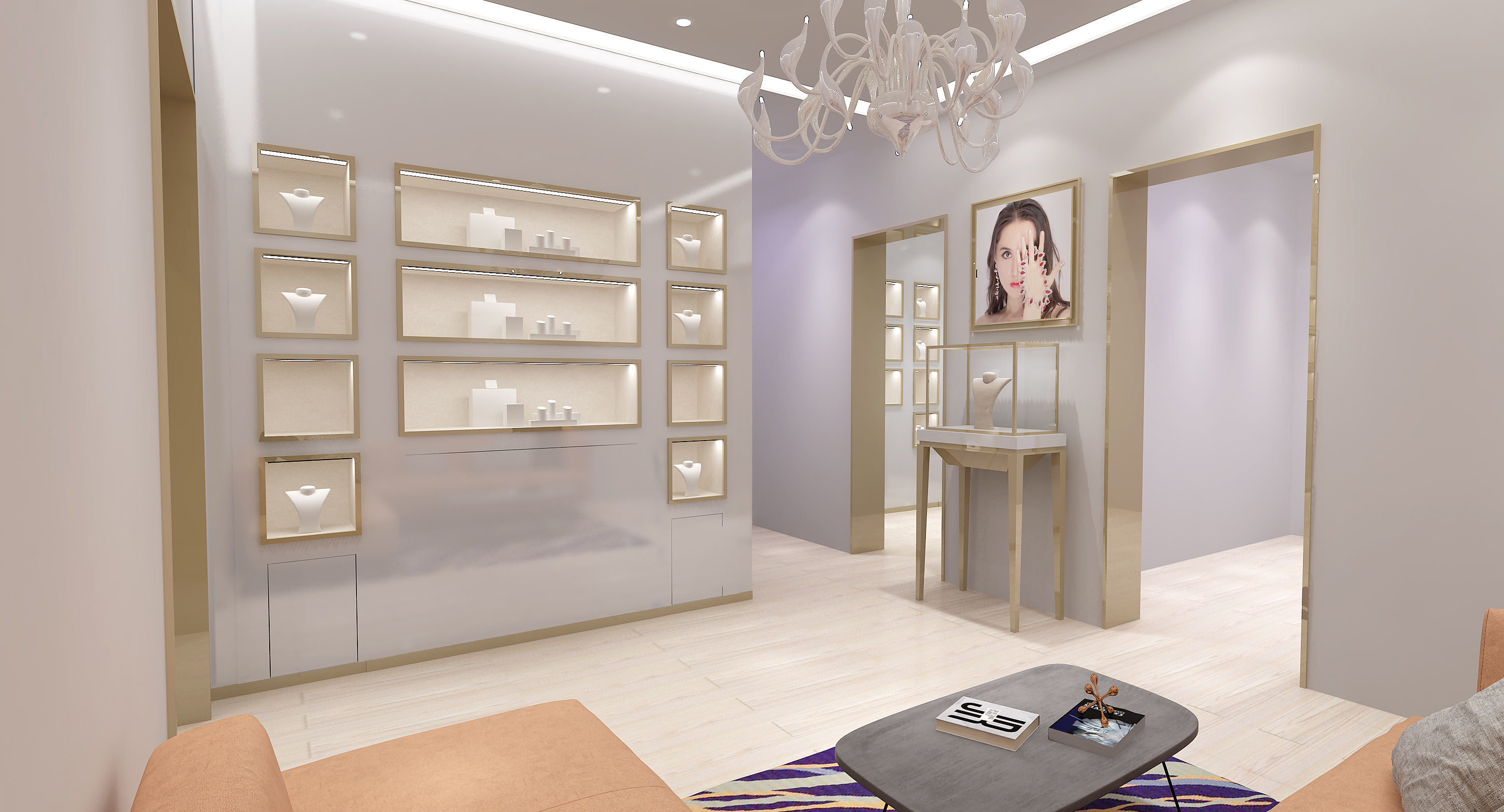 Contemporary Wood Jewelry Display Case with Tempered Glass Front Security Lock and Customizable Design