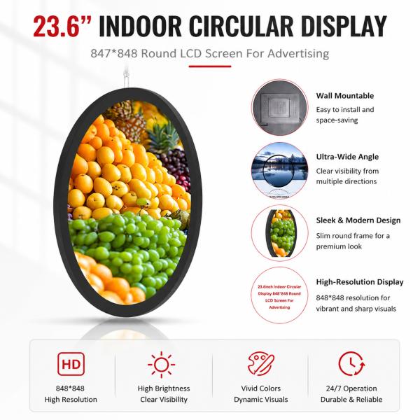 23.6 Inch Circular LCD Display 1280x1280 Commercial Advertising Display 500 Cd/M2