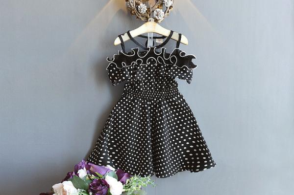 Toddlers Round Neck Summer Black And White Polka Dot Strapless Dress For Girls