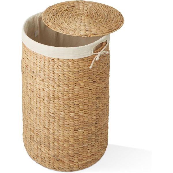 Round Laundry Hamper With Lid And Removable Liner Bag - Natural, Woven Water Hyacinth Wicker Laundry Basket For Clothes And Towels