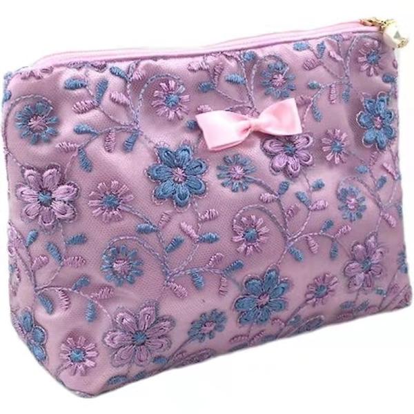Purple Flower Pattern Large Zipper Makeup Bag Lace Cloth Embroidery OEM