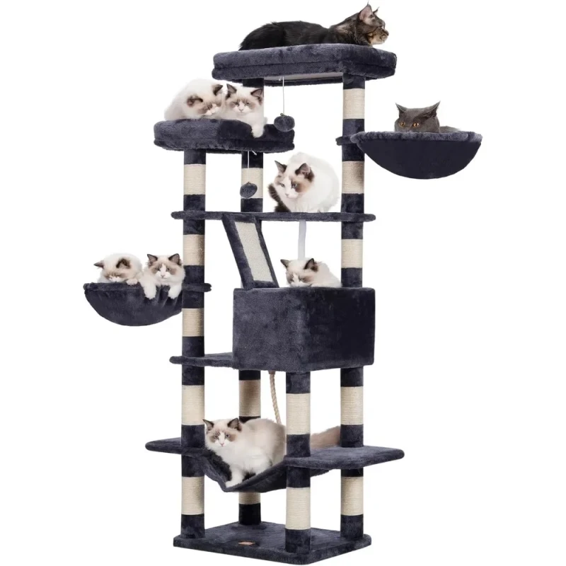 Luxury Indoor Cat Tree with Multi-Level Wood Tower 2 Widened Plush Perches & Halloween Cat Condo Scratching Board Modern Style