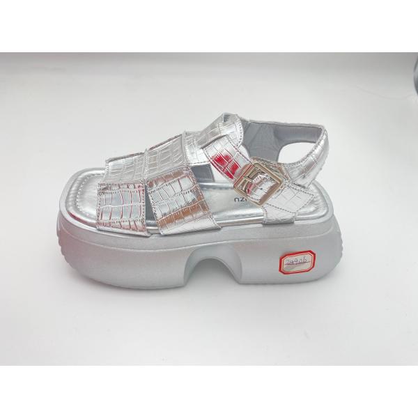 Women summer silver thick soled sandals with metal button genuine leather comfort