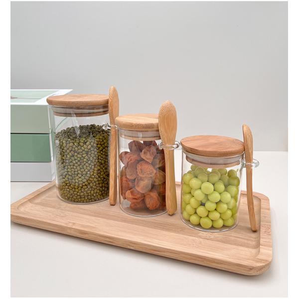 Clear Glass Rack Food Storage Container with Functional Design and Round Bamboo Lid