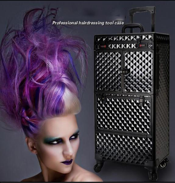 Professional Aluminium Hairdressing Tool Box , Universal Wheel Rod Hairdresser Box