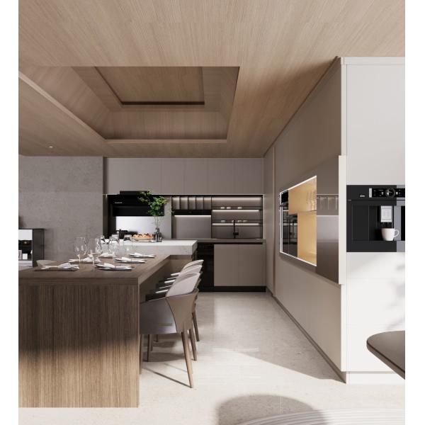 Wood Grain Stainless Steel Kitchen Cabinet with Wine Cooler & LED