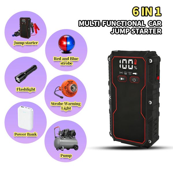 Portable 6-in-1 Jump Starter with Air Compressor 150PSI Tire Inflator Power Bank LED Flashlight SOS 12V Car Battery Booster for All Gas Vehicles