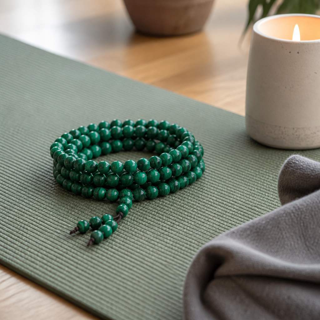 108 Beads Mala Bracelet Malachite - Natural Stone Prayer Beads Meditation Necklace, Handmade Buddhist Taoist Rosary with Tassel, Energy Healing Gift