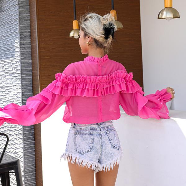Lantern Sleeved High Neck Flared Blouse Chic Black High Waisted Lace Tops With Stand Collar For Women