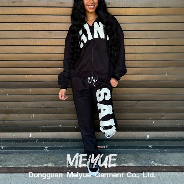 Embroidered Patch Sweatpants And Hoodie Set Ladies Jogging Suits Heavyweight