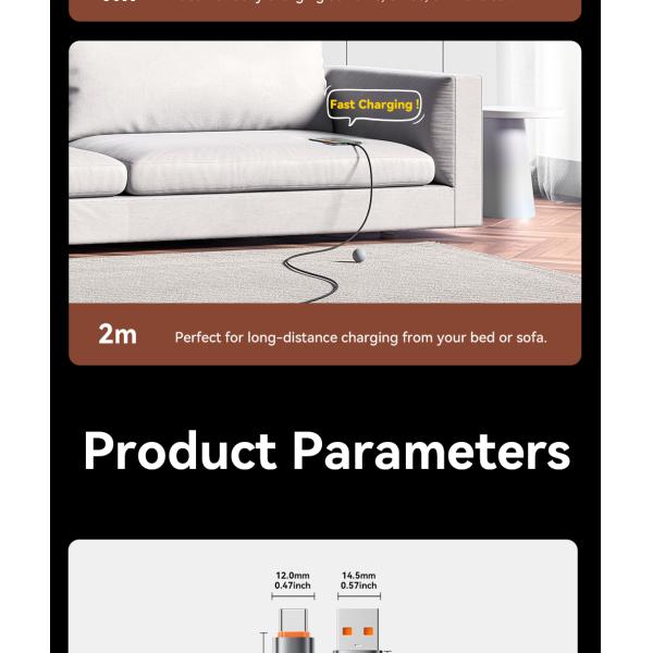 ESSAGER ES-X61 USB A to C Cable 100W Fast Charging Grey