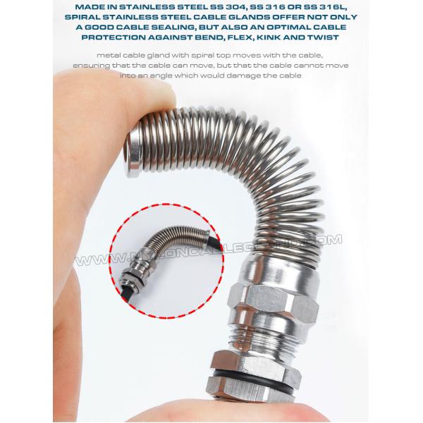 AISI 316L, AISI 316, AISI 304 Stainless Steel Metal PG Flexible Cable Gland (IP68) with Additional Spiral Strain Relief,