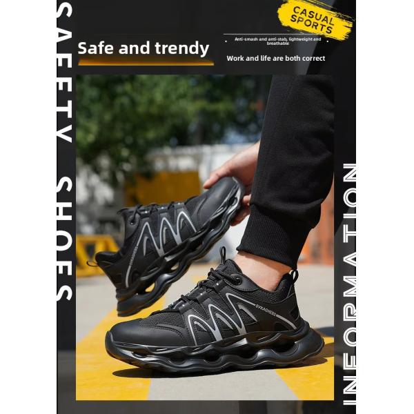 Breathable Microfiber Leather Mesh Safety Shoes With Kevlar Anti-stab Steel Toe And EVA Sole In Black