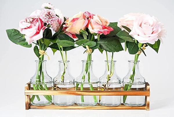 Glass Flower Vase with Wooden Holder Vases for Flowers