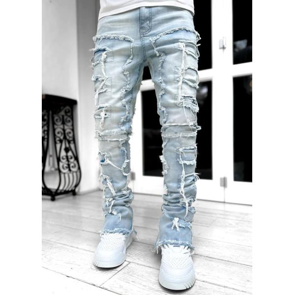 Street Style Men's Boot Cut Light Blue Damaged Tassel Applique Jeans Spandex/Cotton