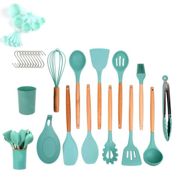 Stocked Silicone Kitchenware Cookware Sets With Wooden Handle Heat Resistant for OEM/ODM