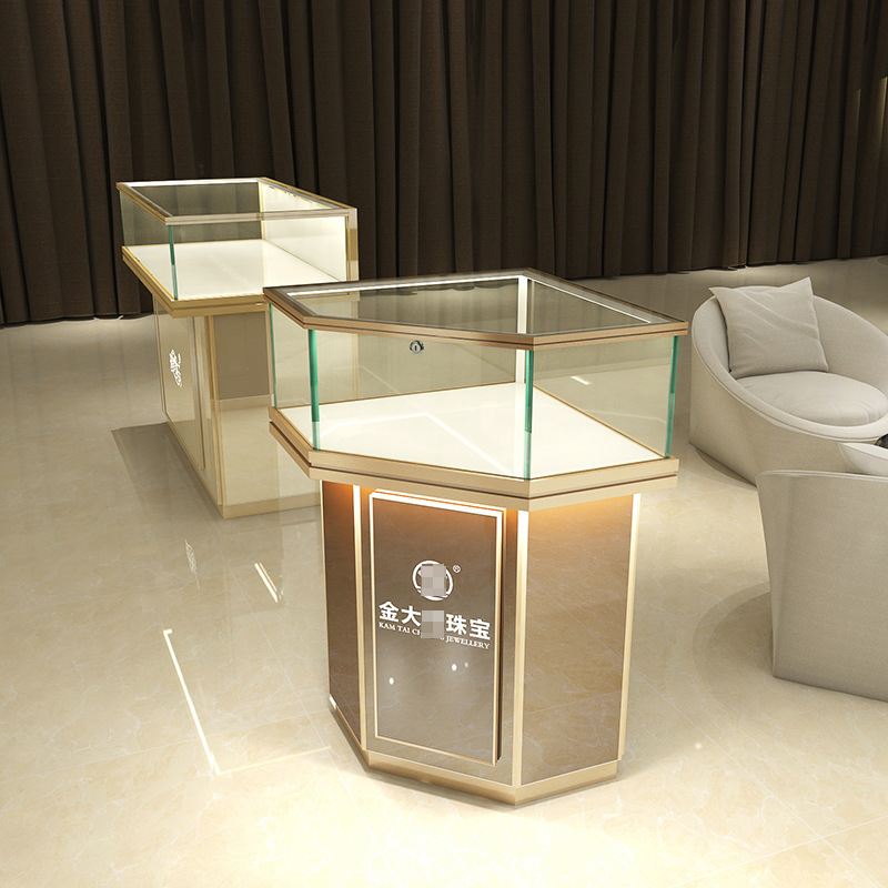 Retail Lighted Jewelry Display Cabinet Metal Frame Wooden Body Clear Glass Showcase