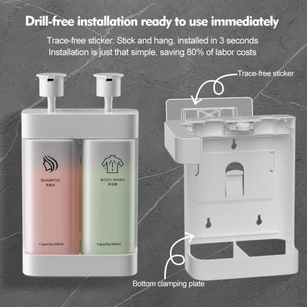 Wall-Mounted Double Head Soap Dispenser with 500ml × 2 Transparent Bottles Made of Durable ABS Plastic
