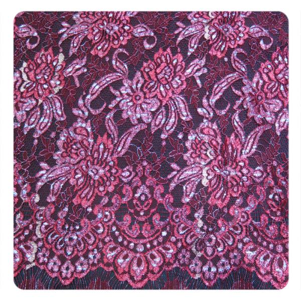 Red Chantilly Silver Nylon Lace Fabric ,  Eyelash Lace Trim For Womens Dress