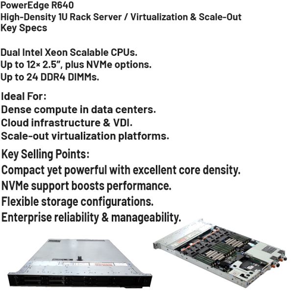 Dell PowerEdge R640 1U Rack Server with 2nd Gen Intel Xeon Scalable, 24 DDR4 DIMM Slots, and 10 x 2.5