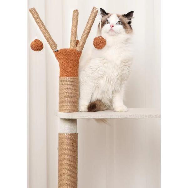 Fully Wrapped Wooden Cat Tower with Replaceable Dangling Balls and Scratching Sisal Posts