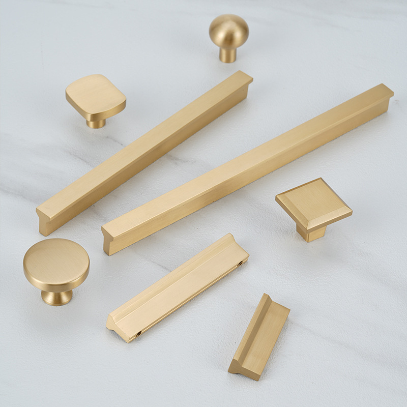 Modern Solid Brushed Brass T-Shaped Handle Brushed Gold Wardrobe Kitchen Cabinet Pull for Furniture Drawer Santaya Model 8801