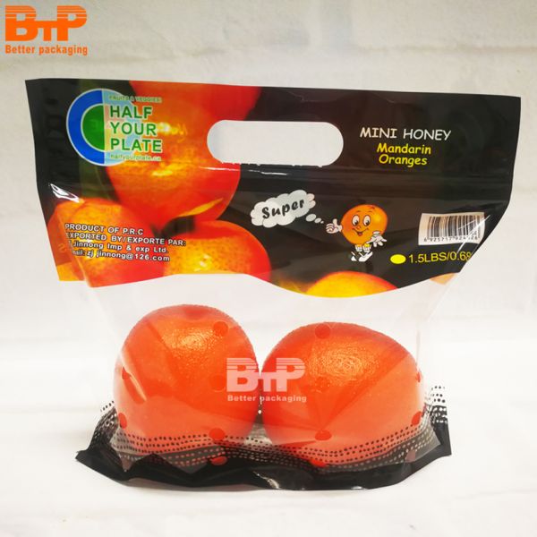 Biodegradable Material BOPP/CPP Orange Fresh Fruit Protection Packaging Zipper Bag With Hand Pick Hole