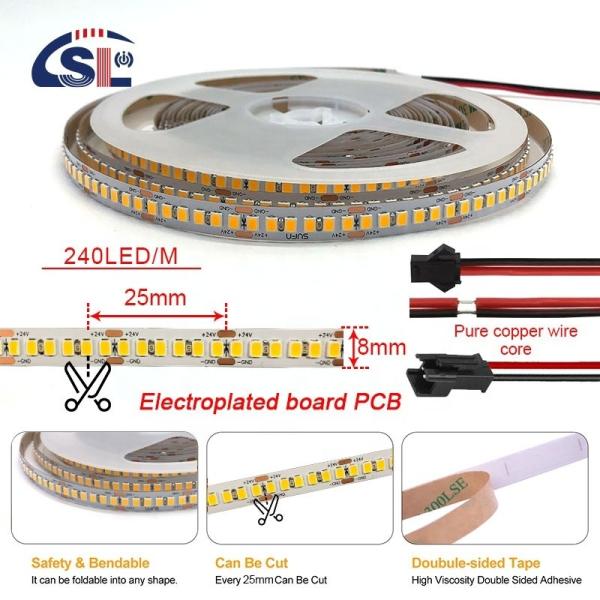 DC12V / 24V SMD2835 Electroplate PCB 240Ds 8mm Ra 80 4000K LED Light Strip para casa