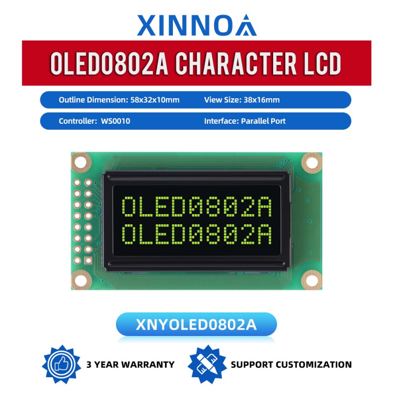 OLED0802A Character LCD Display Module, Black Film, WS0010 Controller, Parallel Port Interface, 58x32x10mm Working Temperature -40+80 Display