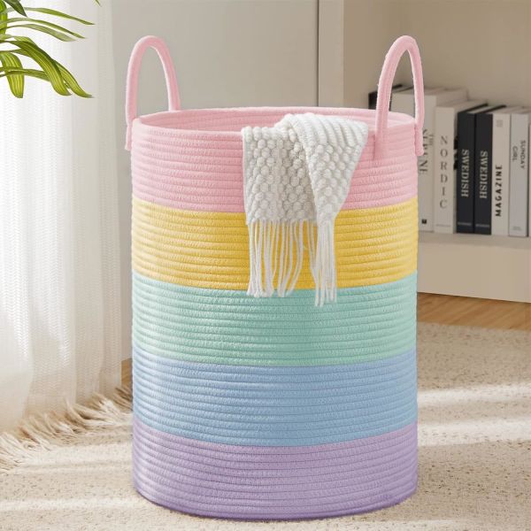 Woven Rope Laundry Hamper Basket, Tall Luandry Basket, Baby Nursery Hamper For Blanket Storage, Clothes Hamper For Laundry In Bedroom-Large-(CUSTOMIZED COLOR, 58L, 72L)